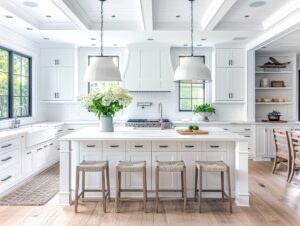 A light and airy kitchen with white quartz countertops and shaker style cabinets offering a timeless and elegant look