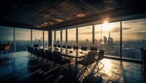 glass skyscrapers reflect city life dusk generated by ai